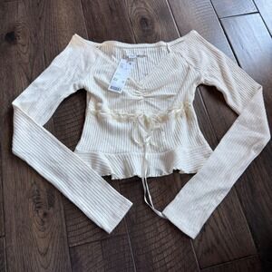 Urban Outfitters Kimchi Blue NWT Ivory Ribbed Lace Trim Top Long Sleeve Small